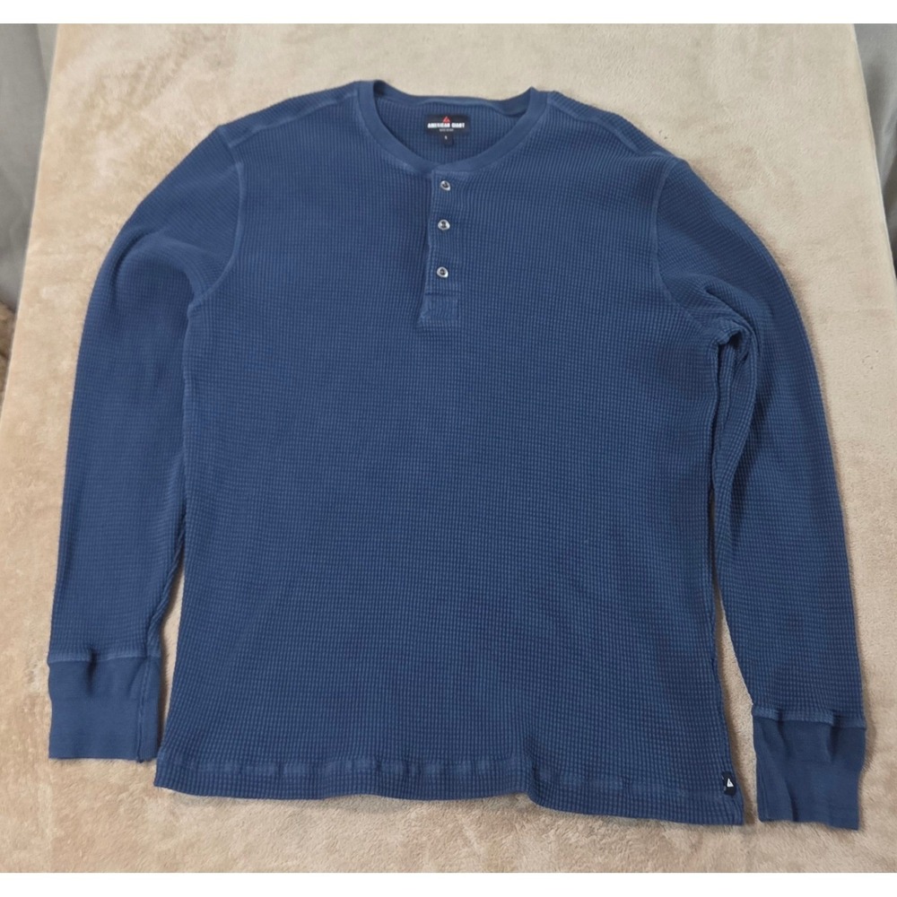 American Giant Waffle Knit Henley Sweatshirt Mens size Large Blue Cotton L/S EUC